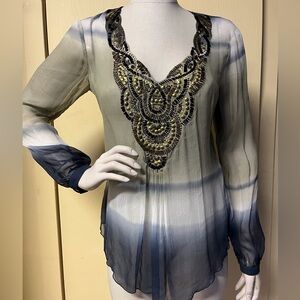 Hale Bob sheer silk hombre tie dye-ish with beaded neckline blouse top